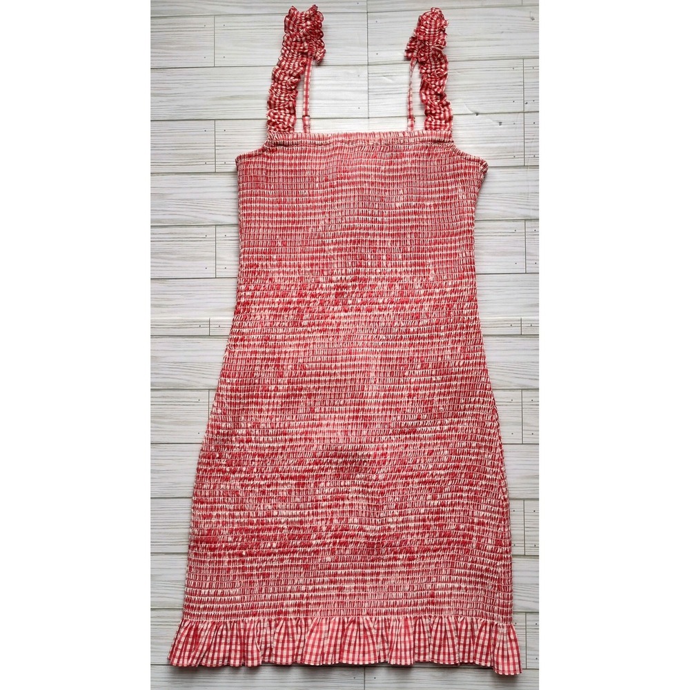 Gianni Bini Mia Dress Smocked Red Gingham Ruffle Strap NEW Size‎ L Pin-up Style